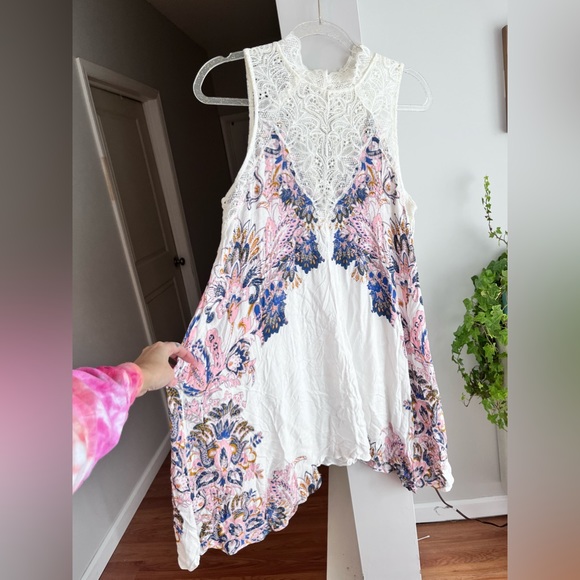 FREE PEOPLE Marsha Printed Lace Neck Mini Dress In Ivory - Picture 7 of 9